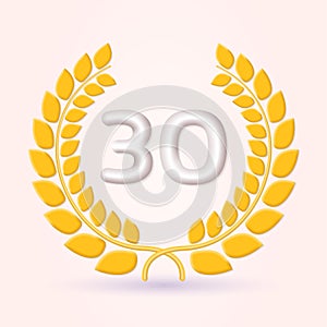 30 years anniversary laurel wreath 3d logo or icon. Jubilee, birthday badge, label design. 30th celebrating emblem.